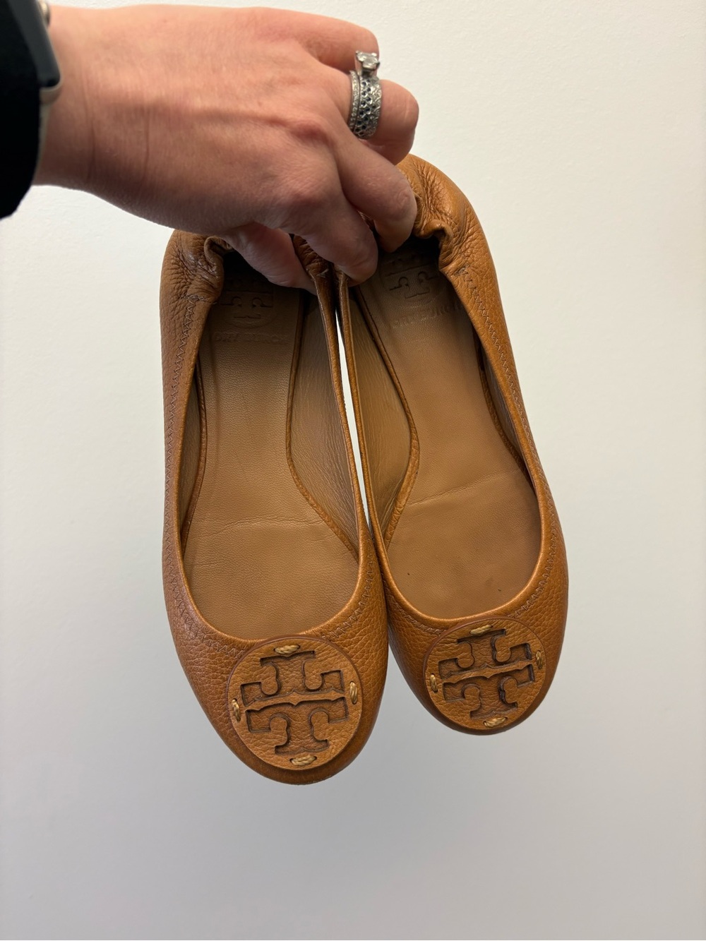Tory Burch Cognac Leather Logo Ballet Flats